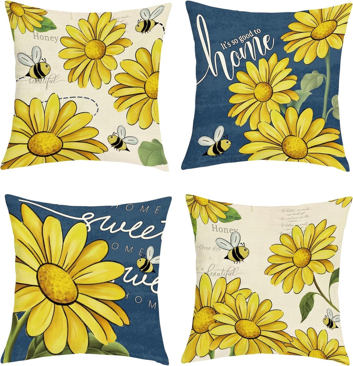 SnelShoppen - 45 x 45 cm Kussenhoezen Set van 4 - Vintage Zomer Zonnebloem Design - Geel met Bijen - Decoratieve Kussens voor Bank, Woonkamer, Stoel
