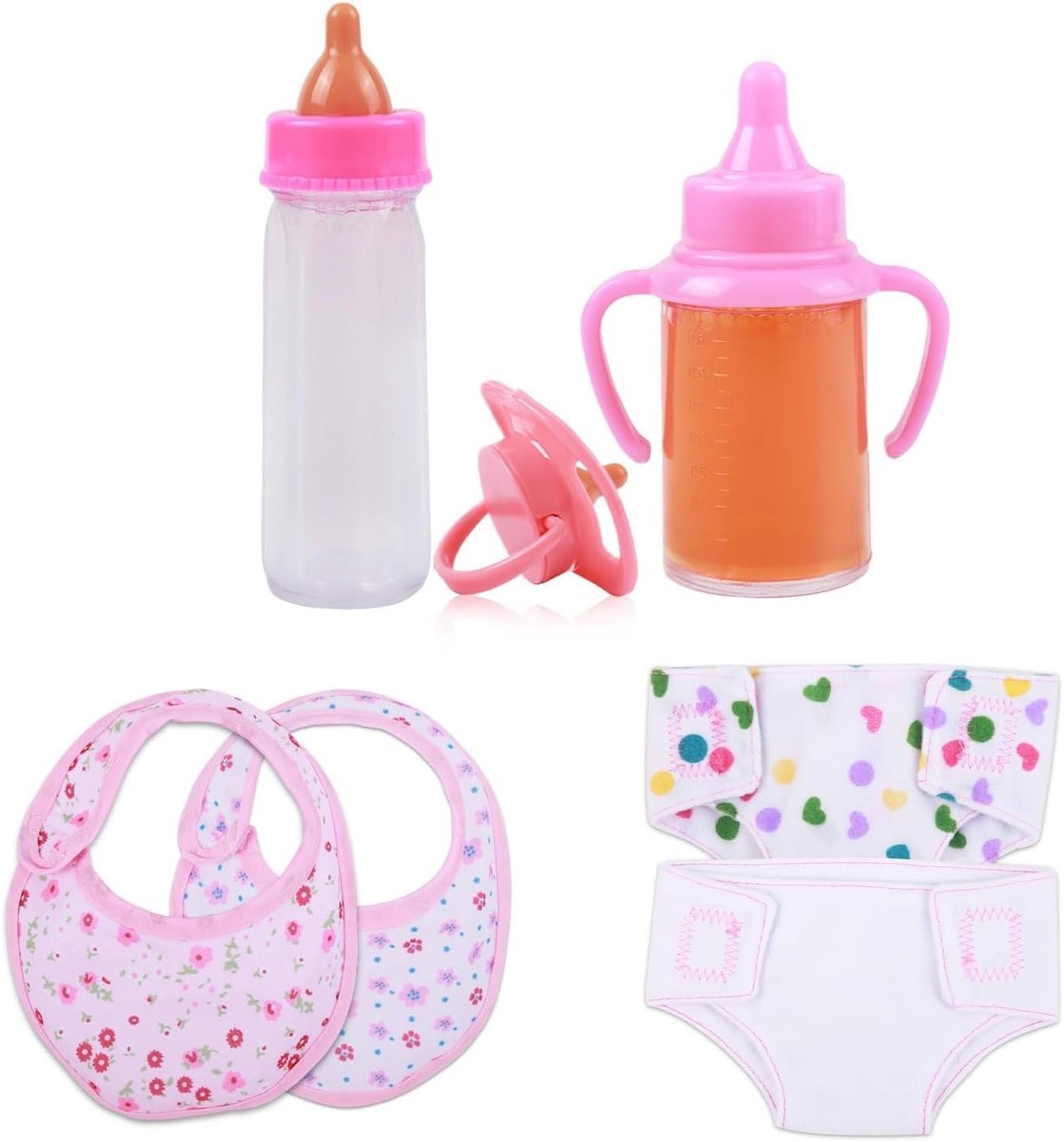 7-delige set met flesjes en luiers voor poppen, accessoires zoals fopspeen en slabbetje, ideaal cadeau voor kinderen tijdens feestdagen