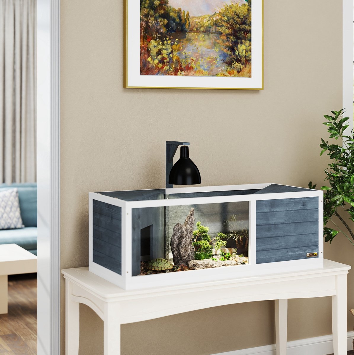 DESMIU Terrarium – Schildpaddenhuis Met Twee Hoofdverblijven – 120 x 50 x 40 cm – Dennenhout – Grijs – Met Lichtstandaard