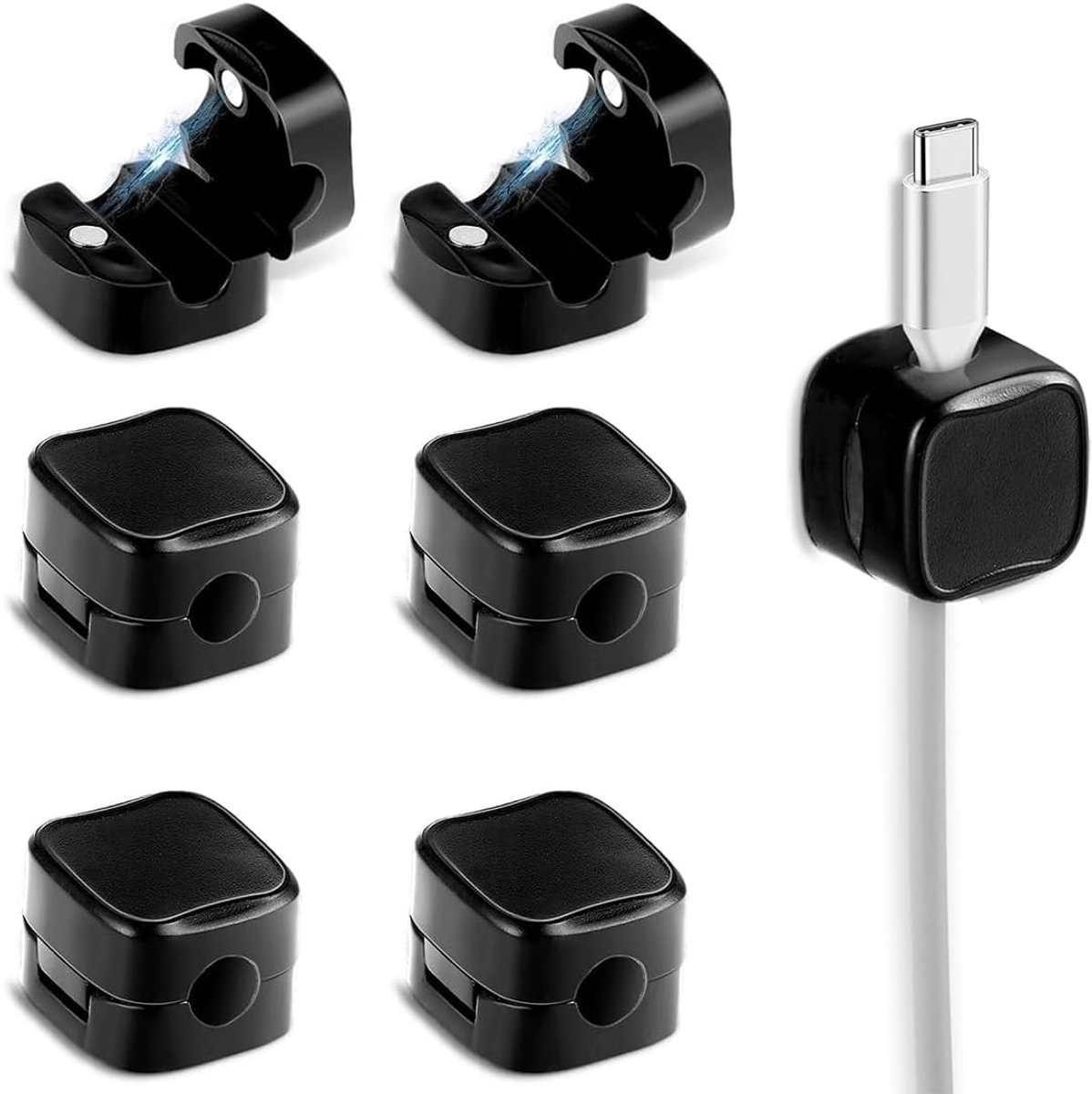 SnelShoppen - 6 Stuks Magnetische Kabelclips met Adhesieve Bevestiging - Kabelorganizer voor Bureau, Keuken, Auto - Houdt Stroom- en Muiskabels Netjes