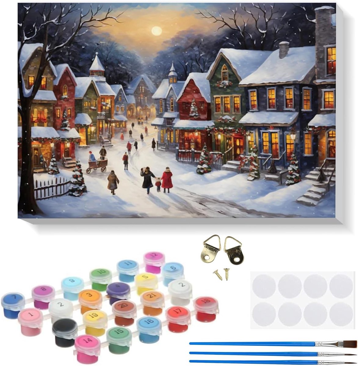 SnelShoppen - Winter Village Schilderen op Nummer voor Volwassenen met Lijst - Kerst DIY Schilderij Set met Houten Easel, Acrylverf, 30 x 40 cm
