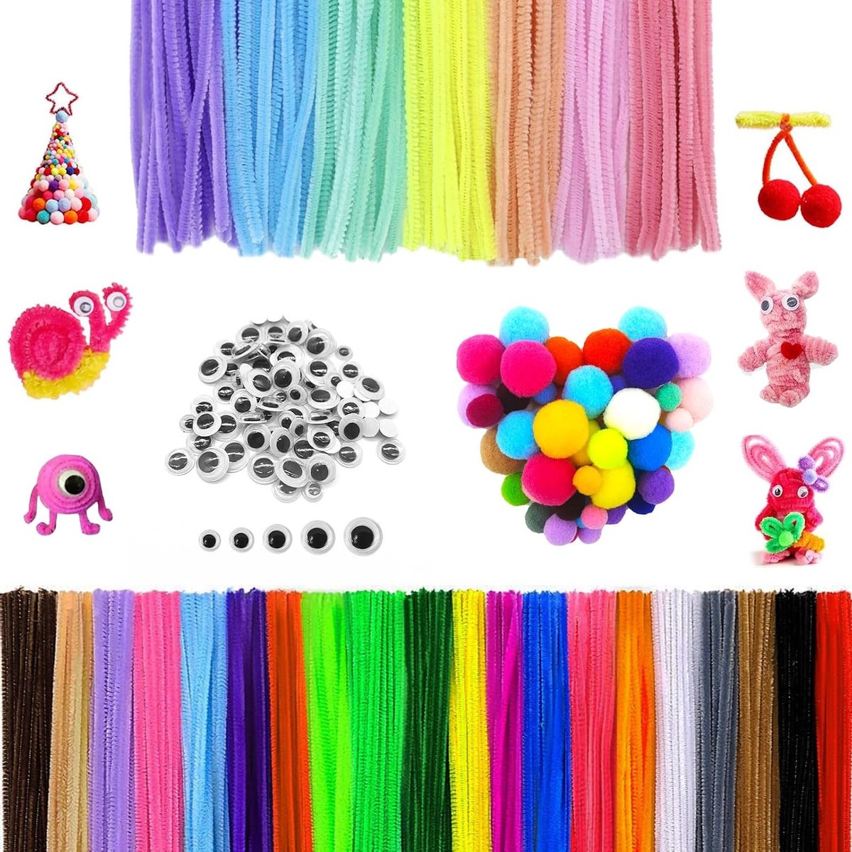300 Pcs Chenille Pipe Cleaners en 150 Zelfklevende Wiggly Ogen voor Creatieve DIY Projecten, 30 cm x 6 mm, Inclusief 60 Kleurrijke Pompoms en Knutselmaterialen