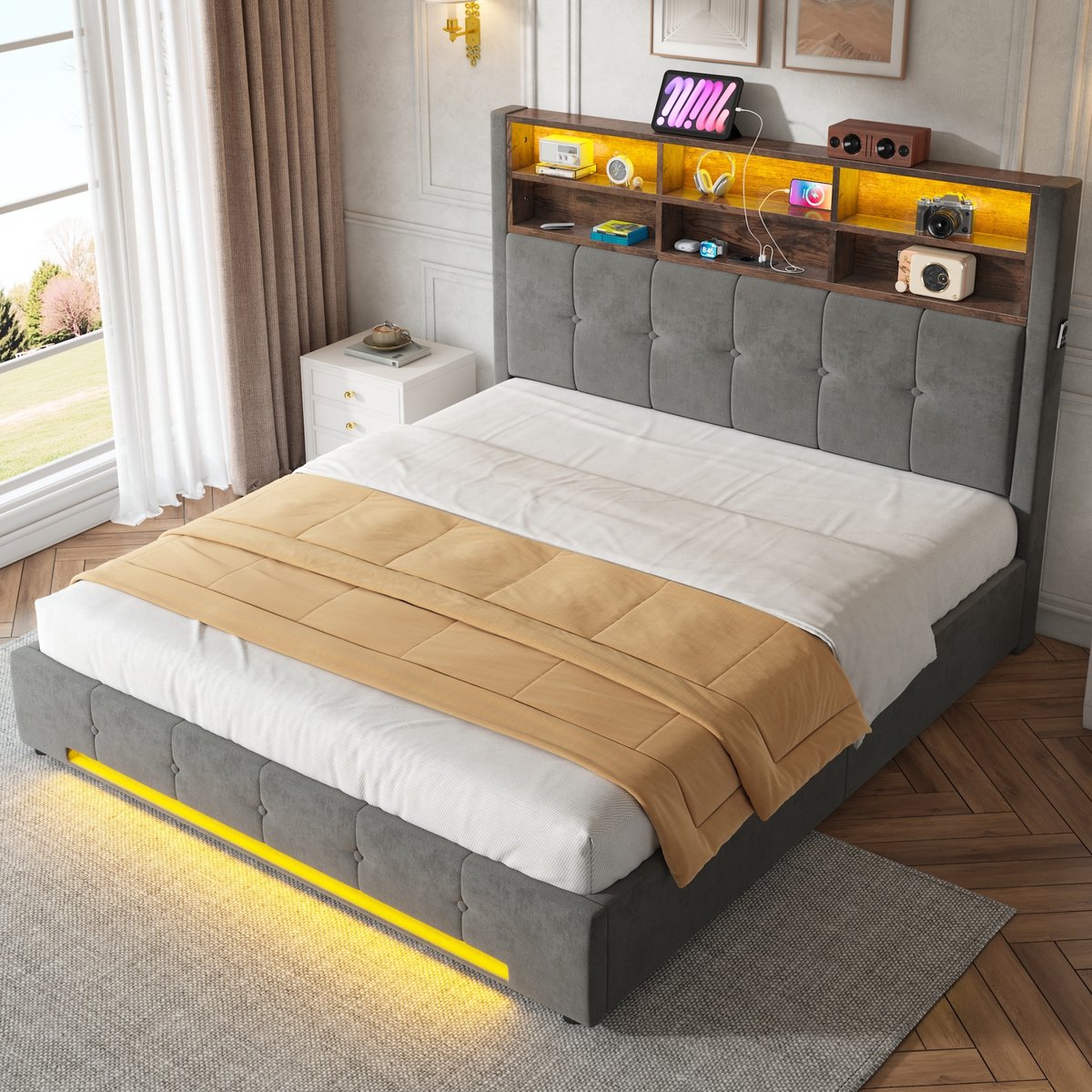 Bed 160x200 cm - Tweepersoonsbed Met 6 Vakken, USB C en LED - Met Hydraulische Opbergruimte - Zonder Matras - Stof en Metaal - Donkergrijs