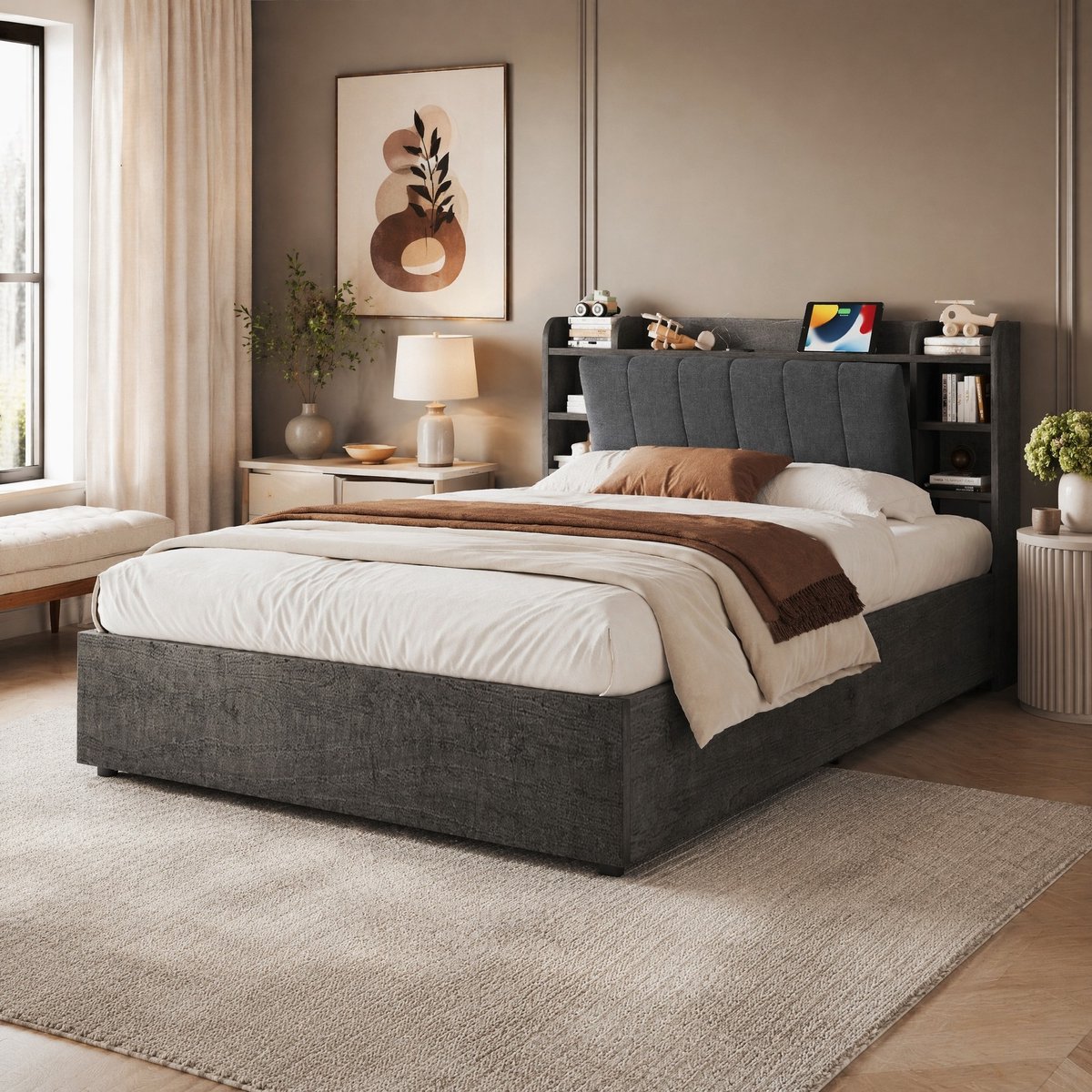 Bed 180x200 cm - Hydraulisch Bed met Opbergruimte in Hoofdbord en Onder Bed - USB en Type-C - Zonder Matras - MDF - Grijs