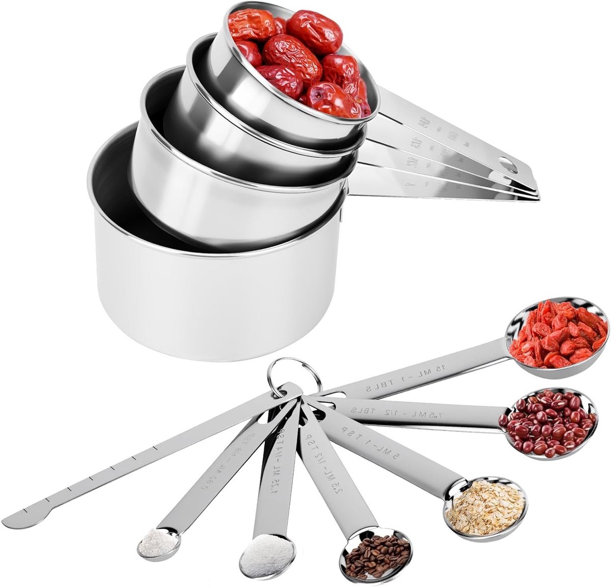 Set van 11 RVS Maatlepels met Meetlat voor het Nauwkeurig Afmeten van Droge Ingrediënten en Vloeistoffen in de Keuken