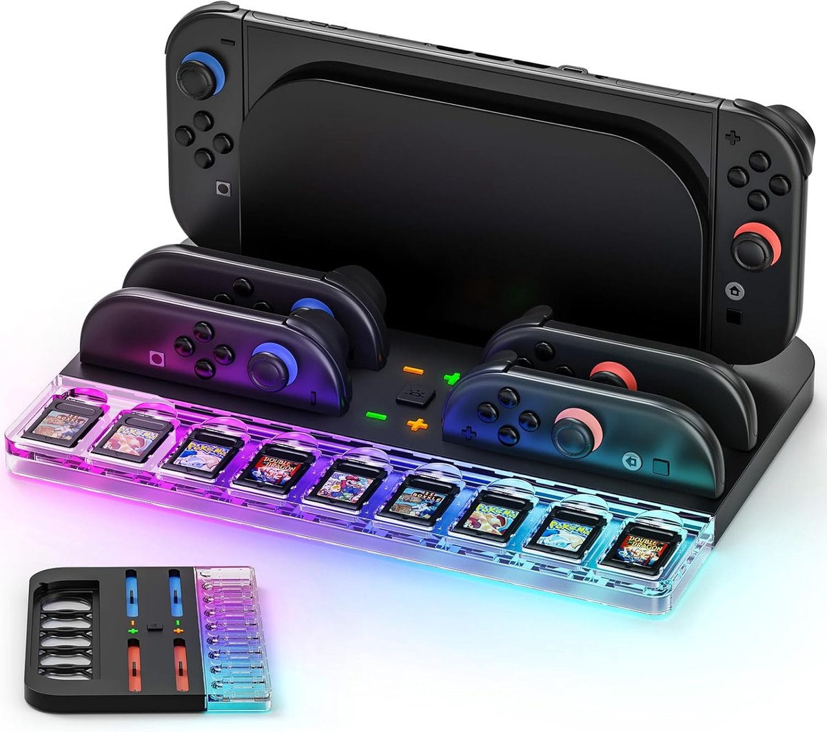 SnelShoppen - Switch 2 Joy Con Oplaadstation met RGB Lampjes, Opladen van 4 Controllers, Opslag voor 9 Gamecards, Snellader, Geschikt voor Gaming, Thu