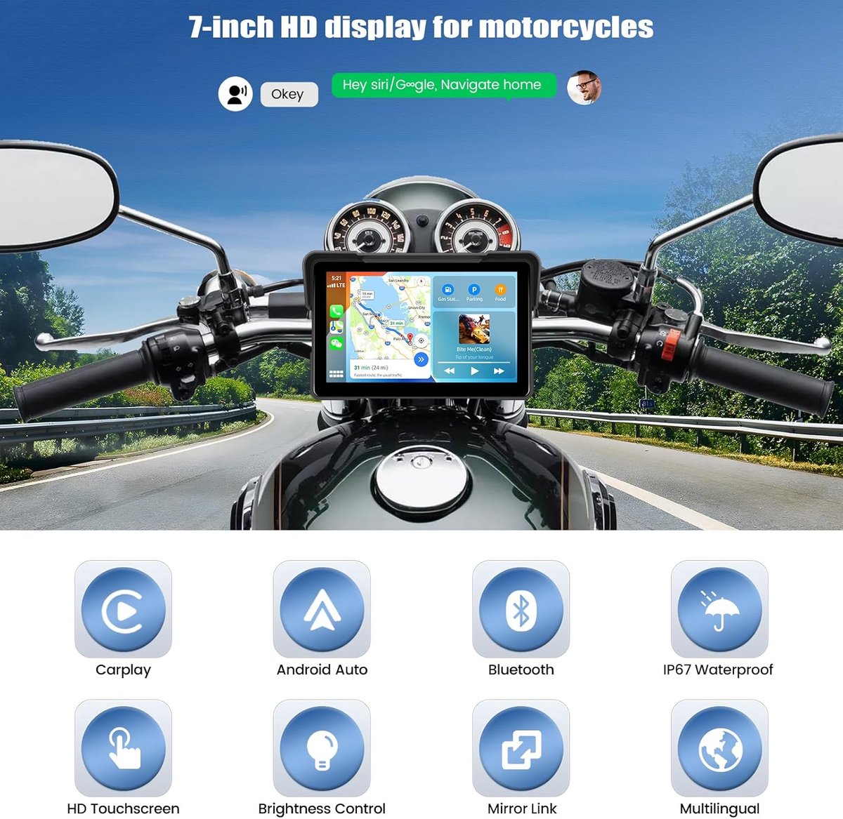 SnelShoppen - CAMECHO Motorfiets Draadloze Carplay & Android Auto 7 Inch IP68 Waterdichte HD Touchscreen voor Navigatie, Bluetooth, EQ, Drukdetectie
