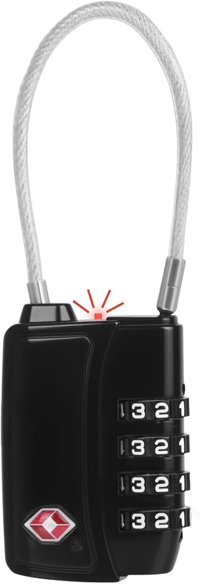 SnelShoppen - TSA Luggage Lock TSA008 - 4-Cijferige Combinatieslot voor Bagage, Koffer, Koffer, Veilig, Zwart met Alarm en Snelle Douane Controle