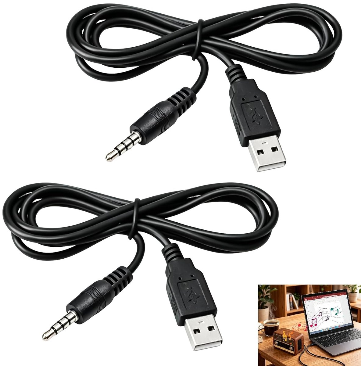 2 stuks audiokabel, USB naar 3,5 mm jack, AUX-kabel, Hi-Fi audio-adapter, ruisloos, AUX-kabel, USB-stekker naar 3,5 mm - ShopVlot