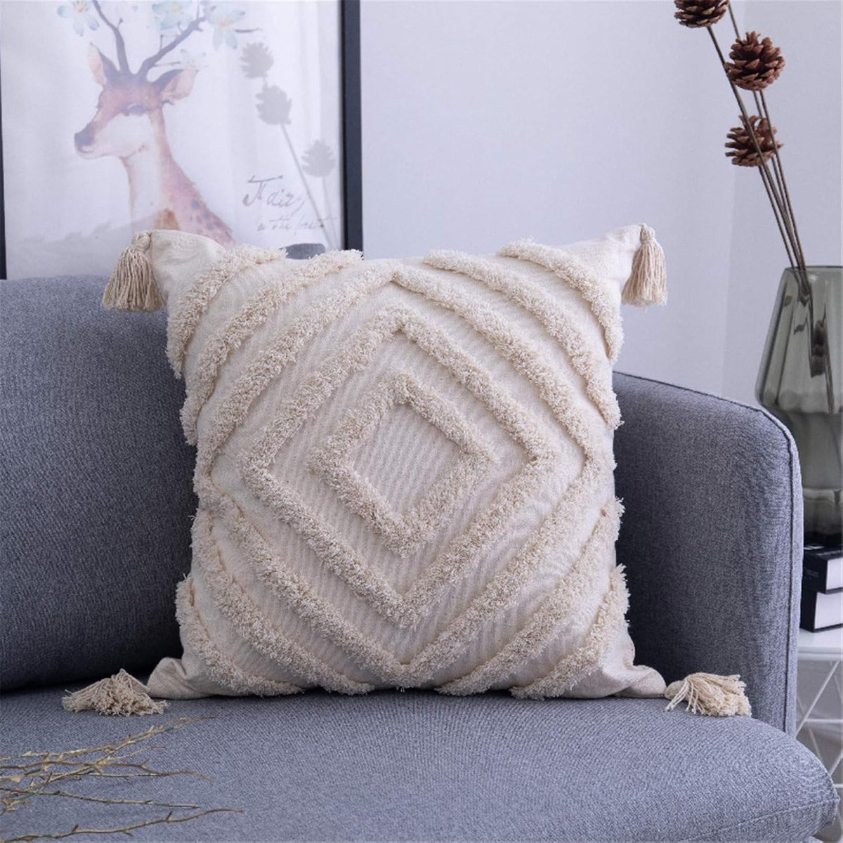 SWECOMZE Package of 1 Boho Cushion Cover, Cotton Decorative Cushion Cover, Moroccan Tufted Cushion Covers for Sofa - ShopVlot