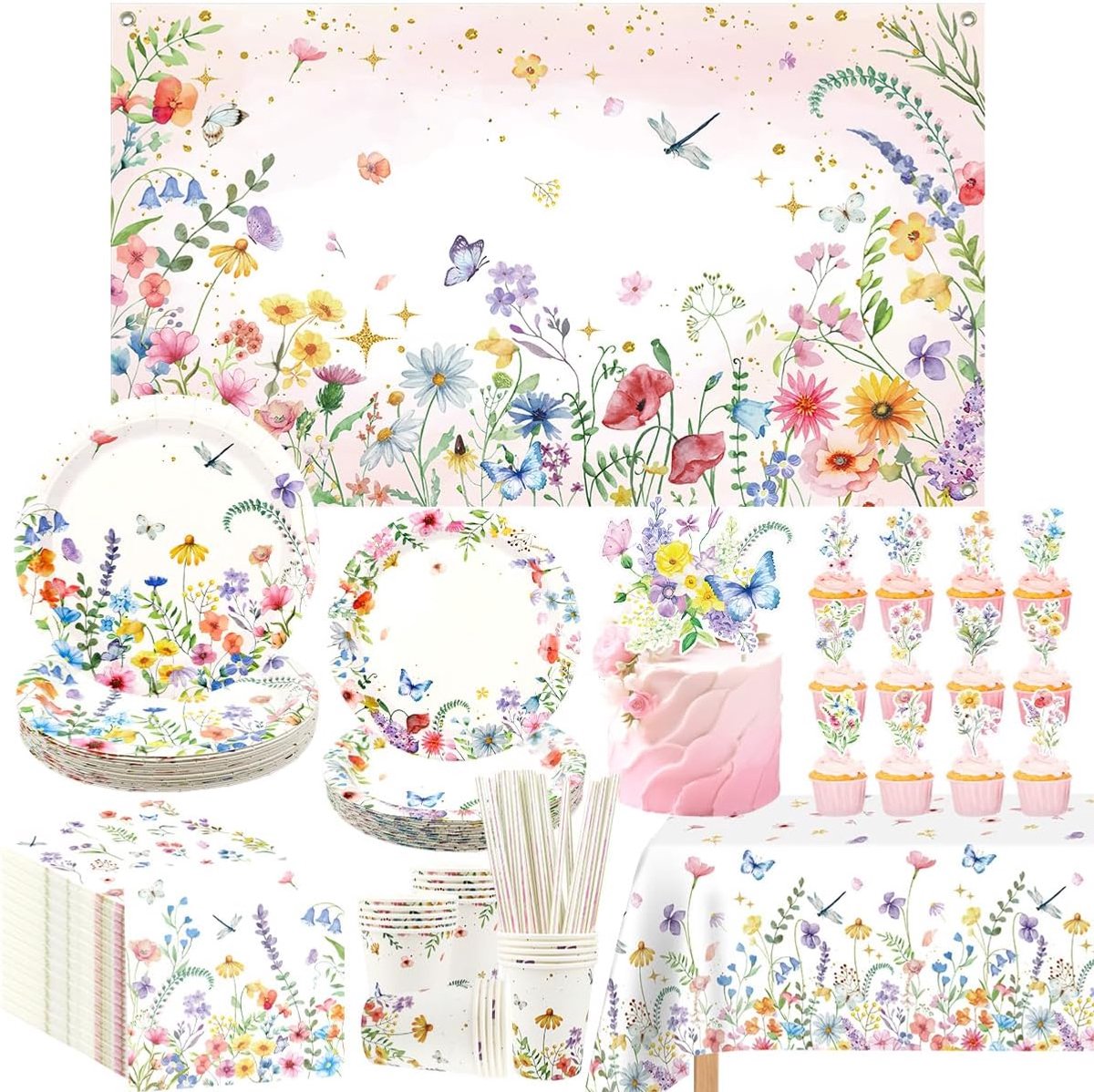 Spring Wildflowers Party Decorations-20 Guests-Including Plates, Cups, Napkins, Table Cloth, Background, Cake Topper - ShopVlot