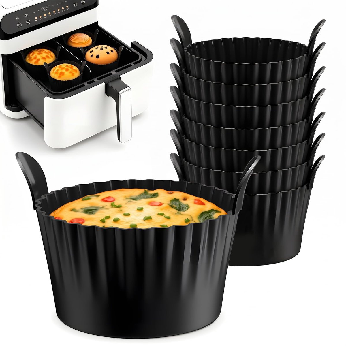 Set van 8 Siliconen Muffinvormen voor Airfryer - Herbruikbare Muffin Cups met Handgrepen - Antiaanbak Siliconen Bakvormen voor Airfryer, Oven en Magnetron - Hittebestendige Bakaccessoires voor Cupcakes, Muffins en Desserts