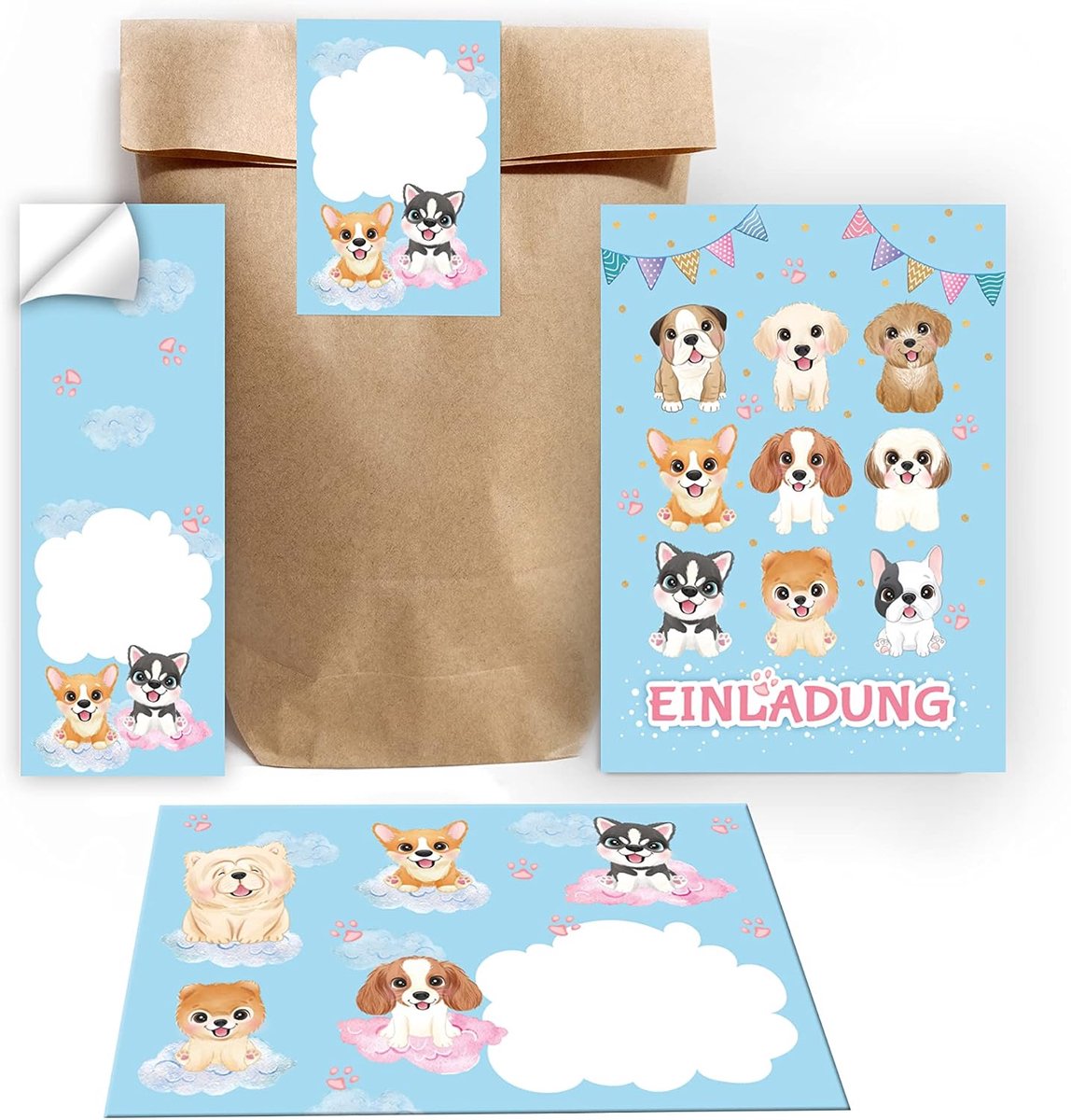 Uitnodigingskaarten kinderverjaardag meisjes honden - 12 stuks met enveloppen en stickers - perfect voor feestje - ShopVlot