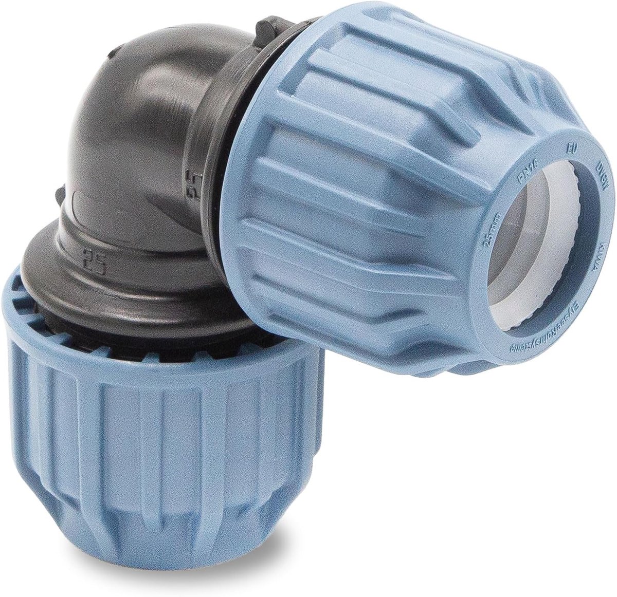 PP knie 25 mm 90° compressiekoppeling - PN16 met afdichtring - voor PE buis - eenvoudig te monteren - ShopVlot