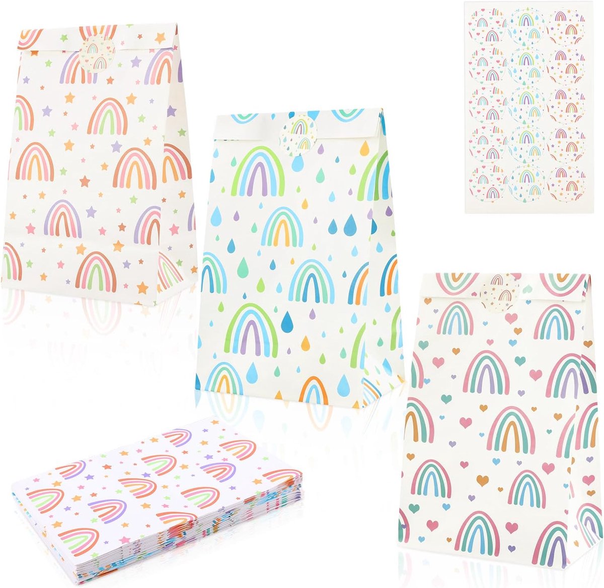 Papieren zakjes 15 stuks - Regenboog cadeauzakjes - Met stickers - Voor kinderverjaardag - ShopVlot