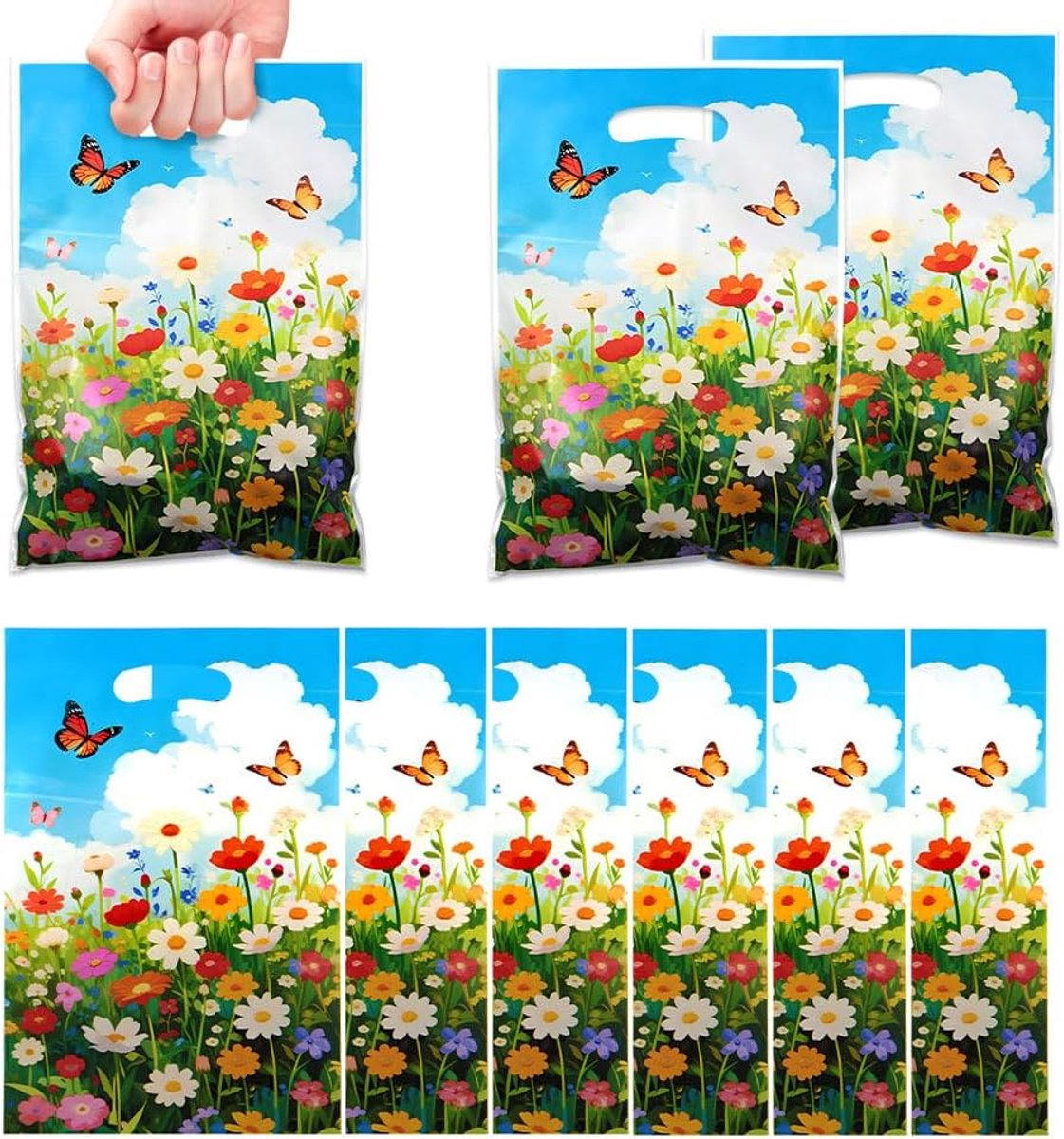 Geschenkzakken 50 stuks - kleurrijke bloemen en vlinders - OPP plastic zakken - perfect voor tuinfeest - ShopVlot