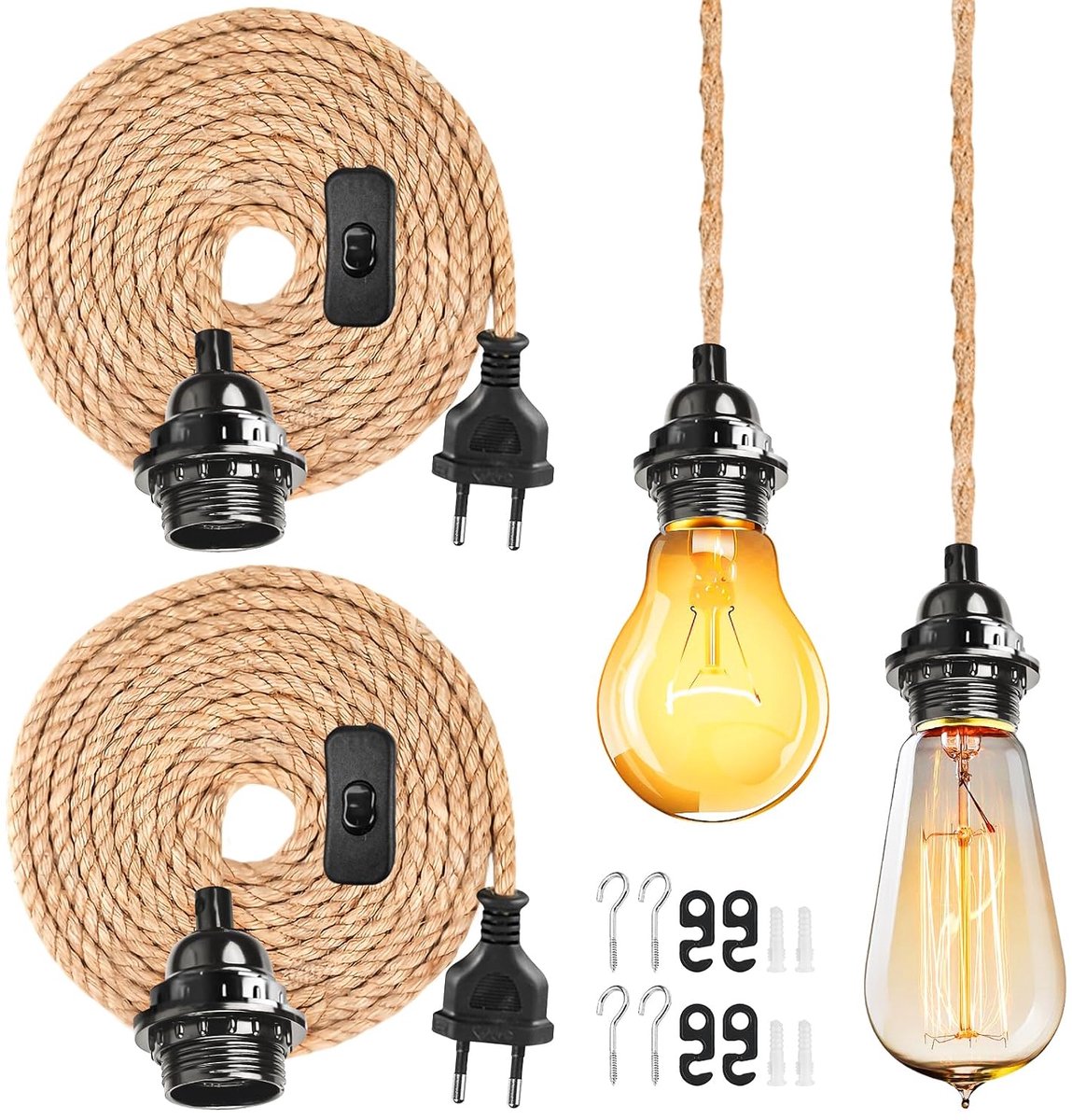 E27 Lampenhouder Set van 2 - 4.5 m Kabel van Jute - Met Schakelaar - Vintage Hanglamp voor Thuis - ShopVlot