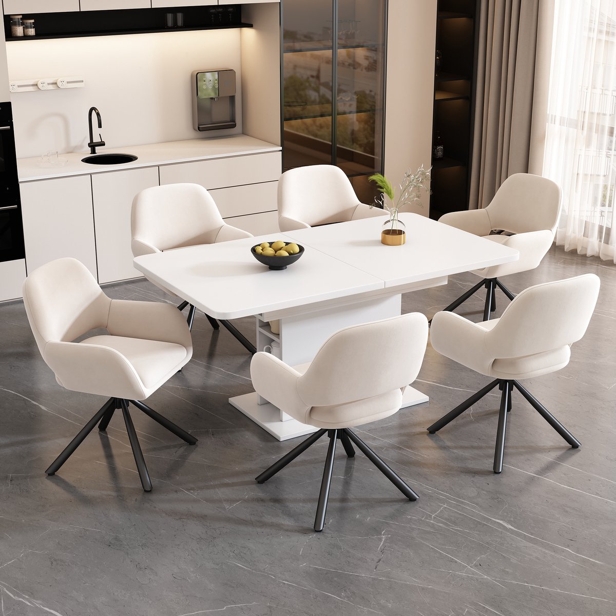 MODFU Eettafelset - 6 Stoelen - Uitschuifbaar - Rechthoekig - Modern - Beige