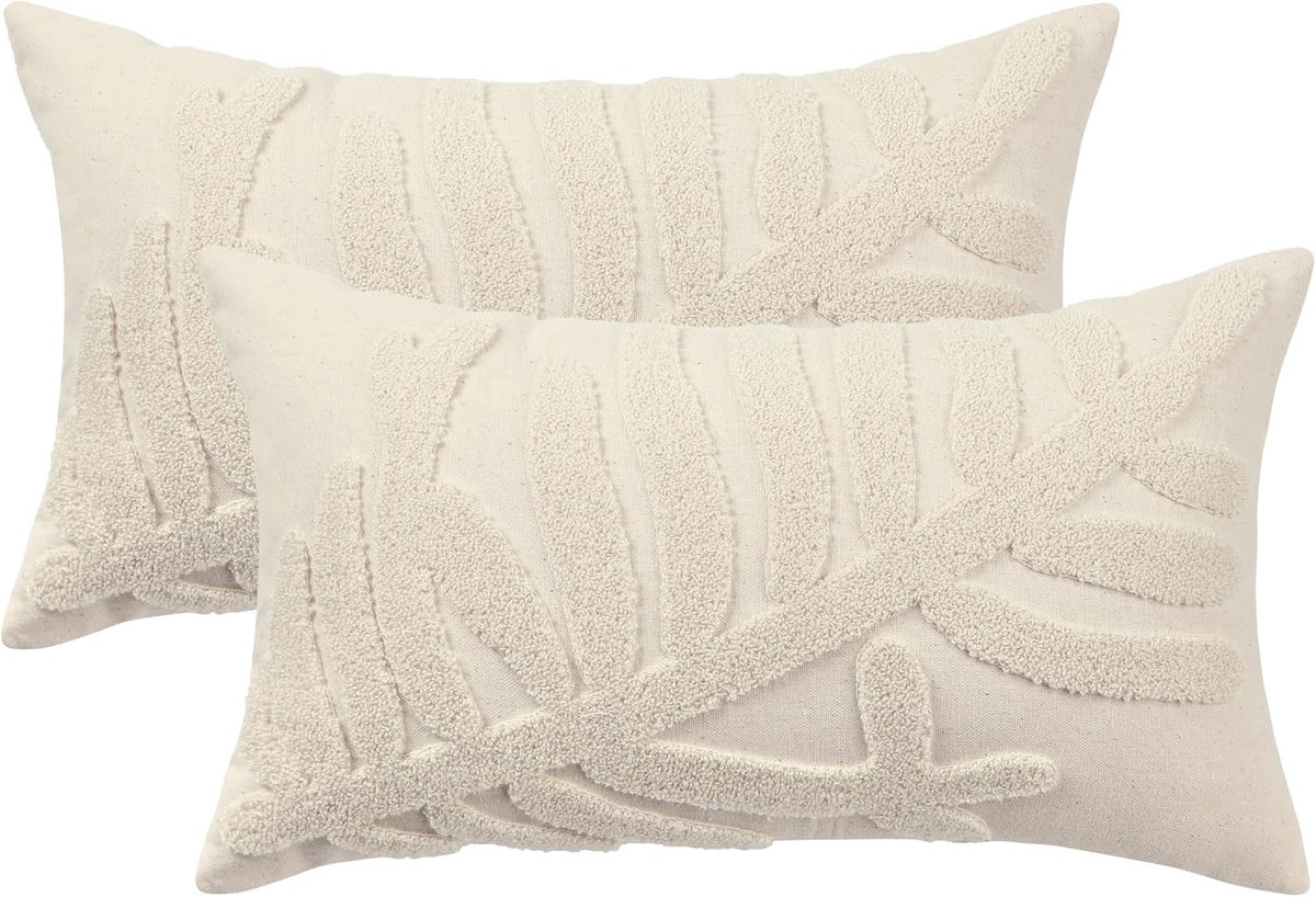 Tosleo Decorative Pillow Cases 12x20 inch Pack of 2 Beige One Leaf Embroidered Throw Pillow Cases Farm Cotton - ShopVlot
