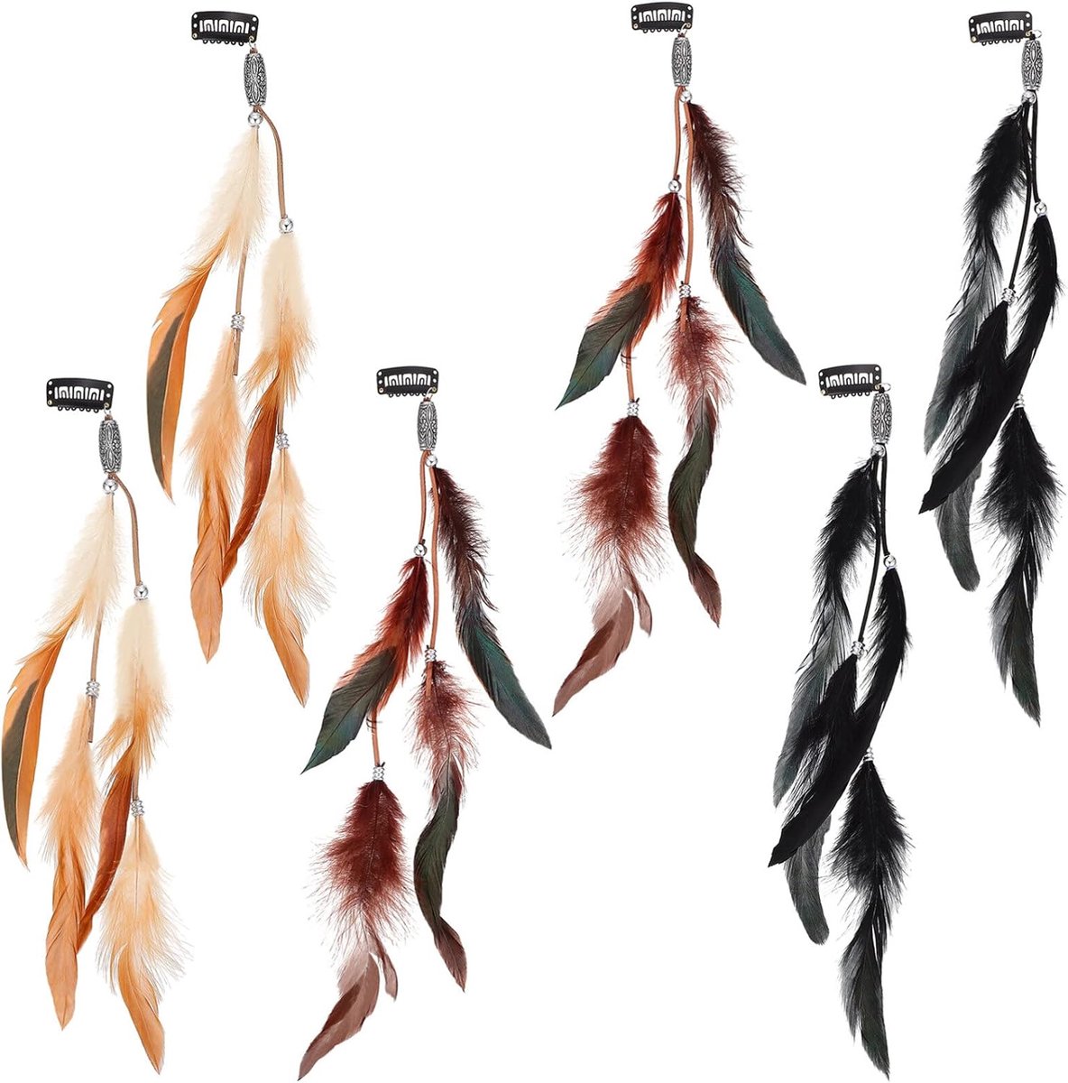 FRCOLOR Pack of 6 Hair Clips Hair Extensions Feather Tassels Headpieces Bohemian Style Vintage Hair Accessories - ShopVlot
