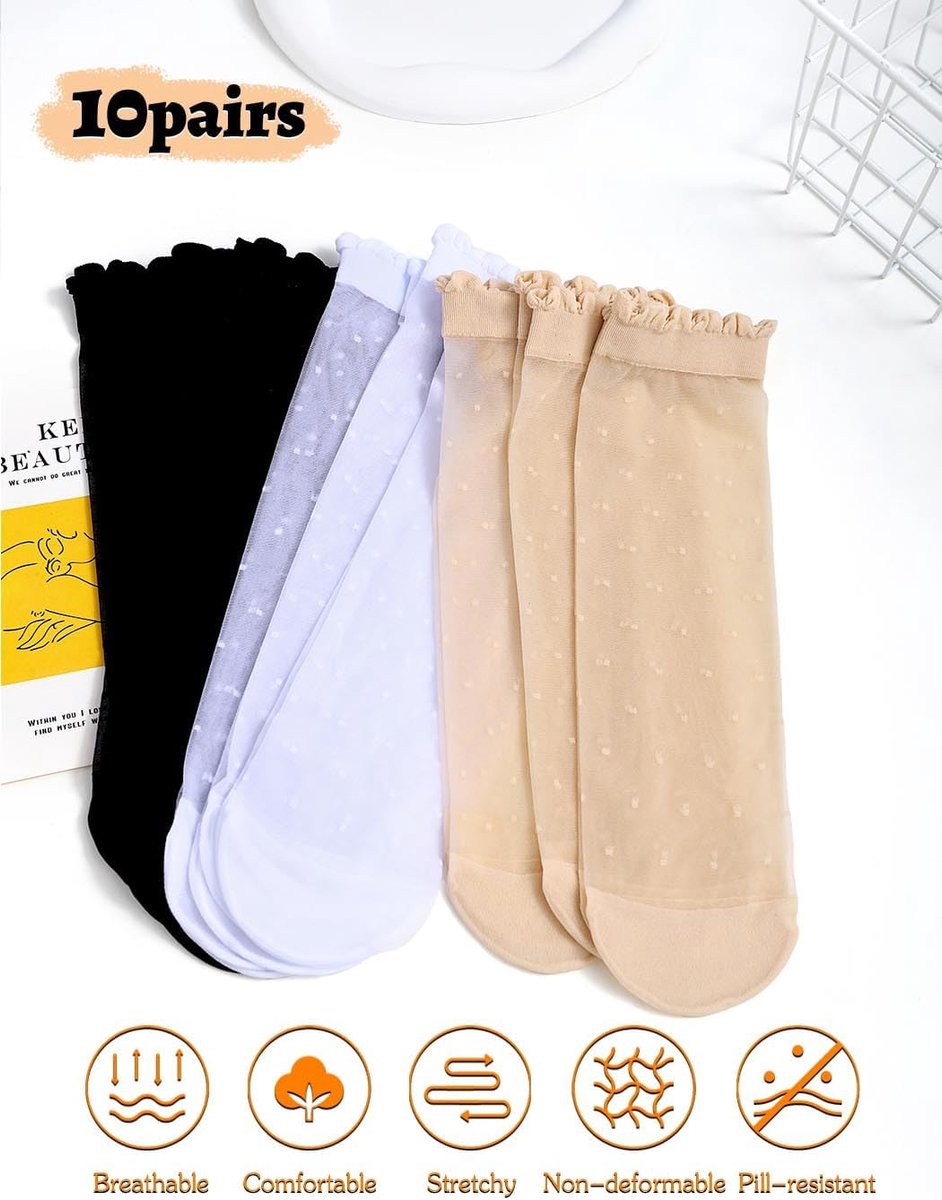 IYOU Women's White Sheer Socks with Polka Dots Ruffled Nylon Thin Lace Socks (10 Pairs) - ShopVlot