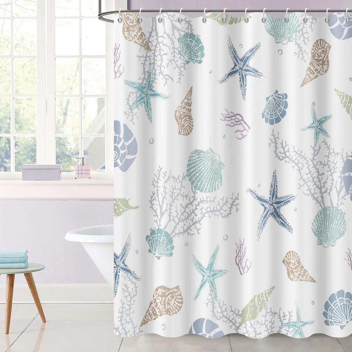 Shower Curtain 180x200cm, Light Blue Summer Nautical Coast Beach Theme Starfish Shell Coral Waterproof Fabric Bathroom - ShopVlot