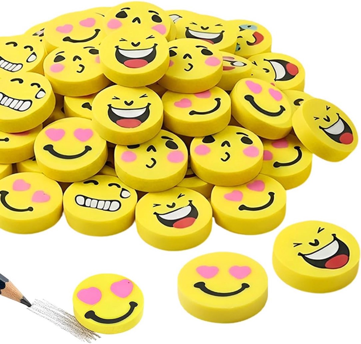 40 stuks lachgummen, ronde gummen, lachgezicht, geel, 2,5 cm, voor carnaval, school, tombola, knutselen - ShopVlot