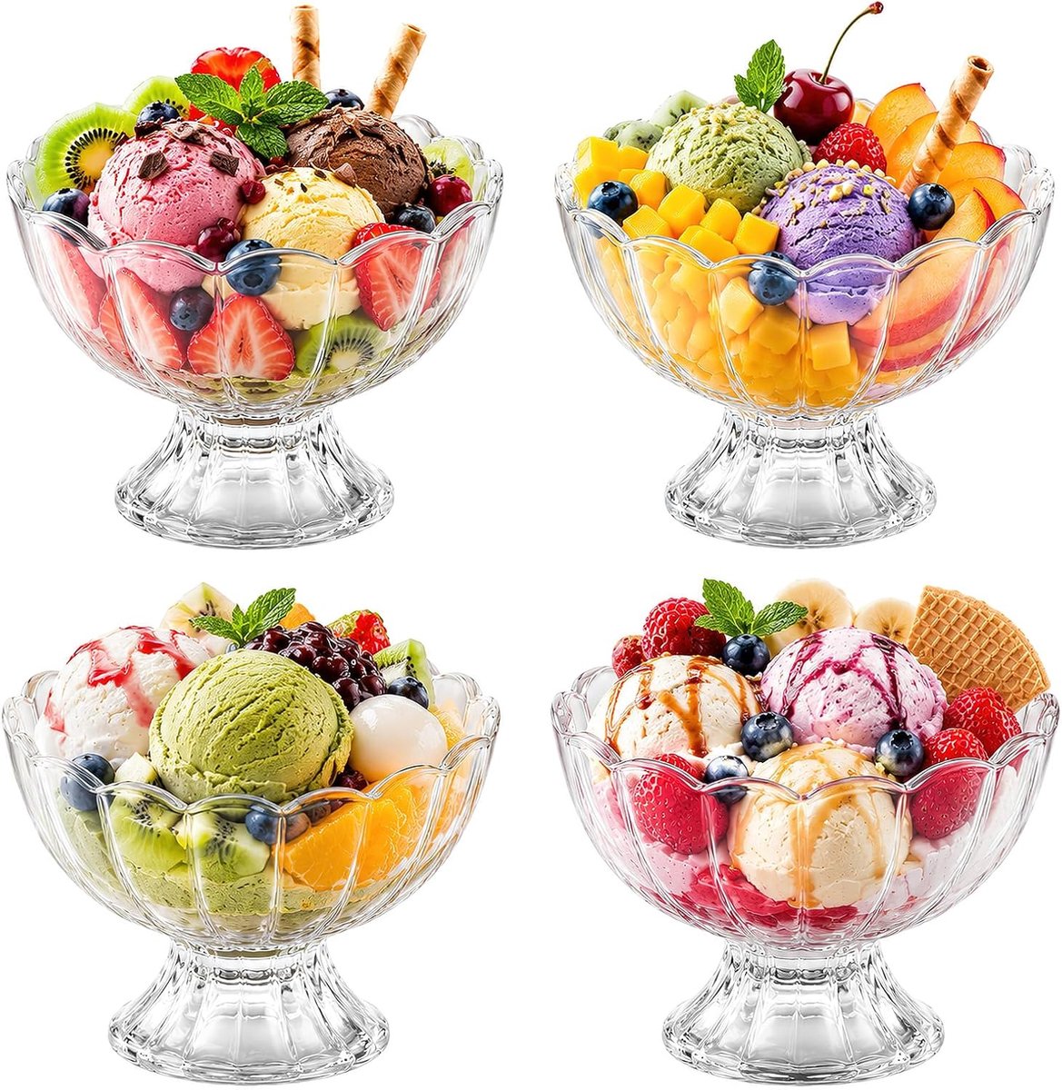4 stuks dessertglazen met voet, 200 ml, ijsbekers voor kinderen, glazen, ijsschalen, dessertbekers, glazen set - ShopVlot