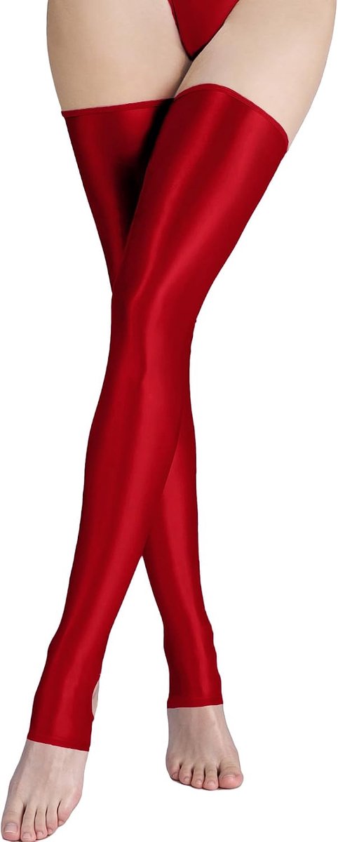 Sexy glanzende vettige halterkousen voor dames, open hiel, rood - ShopVlot
