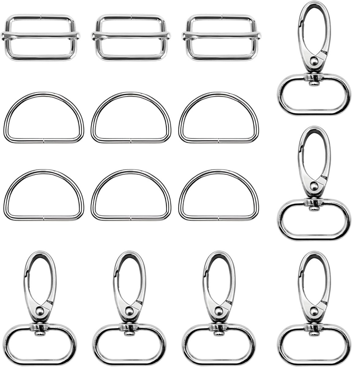 Pack of 15 Carabiner Hooks for Bags - 38 mm Swivel Joint Carabiner + D-Rings, Metal Accessories for DIY Bags & Dog - ShopVlot