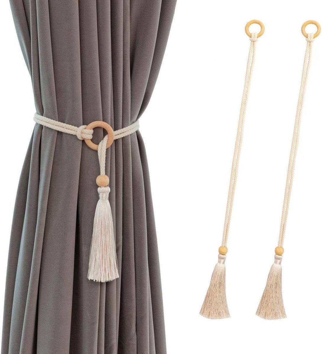 2 Pcs Curtain Rope Curtain Holders, Natural Cotton Linen Curtain Holders with Wooden Ring Tassels, Boho Cotton Rope - ShopVlot