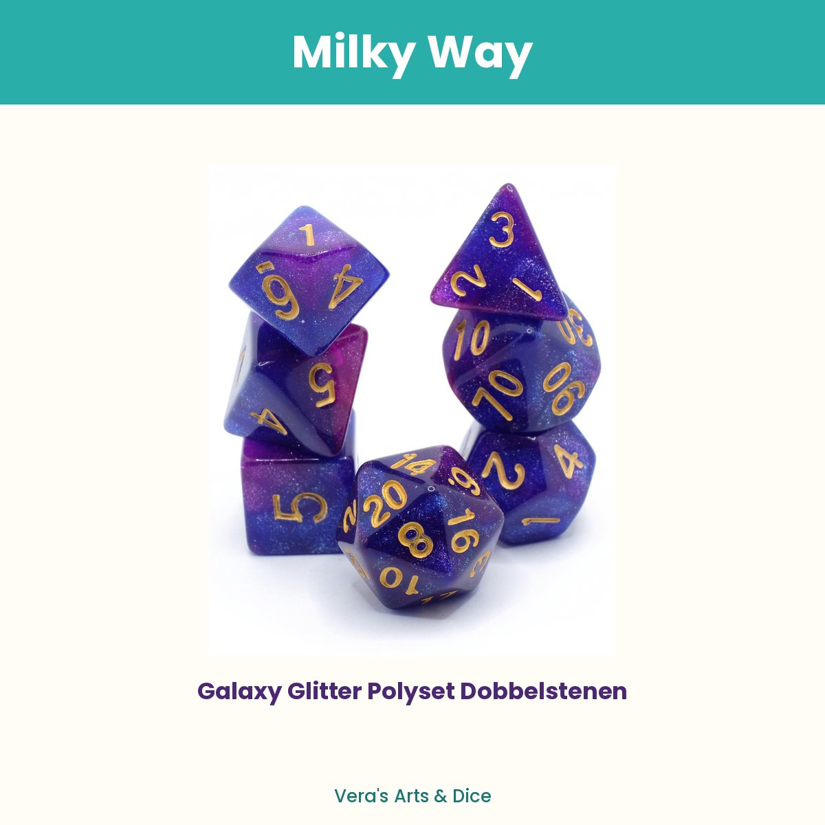 Milky Way - Vera's Arts & Dice - Dobbelstenen Set - 7-delig - Paars Blauw Goud Glitters - D&D RPG
