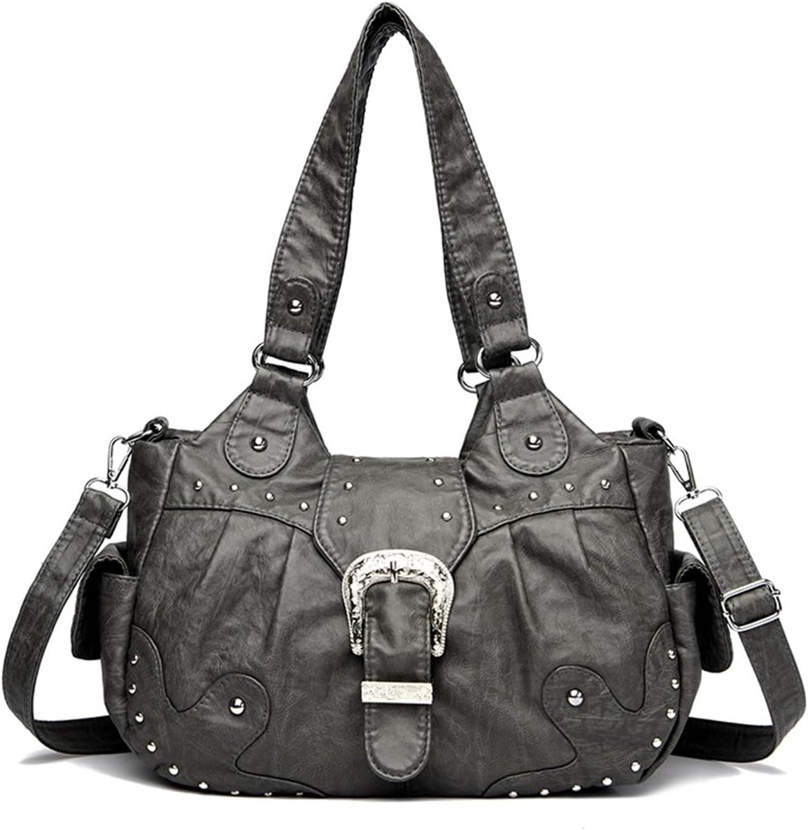 Schoudertas groot - retro stijl - zachte PU leren hobo tas - waterdicht met studs - ShopVlot