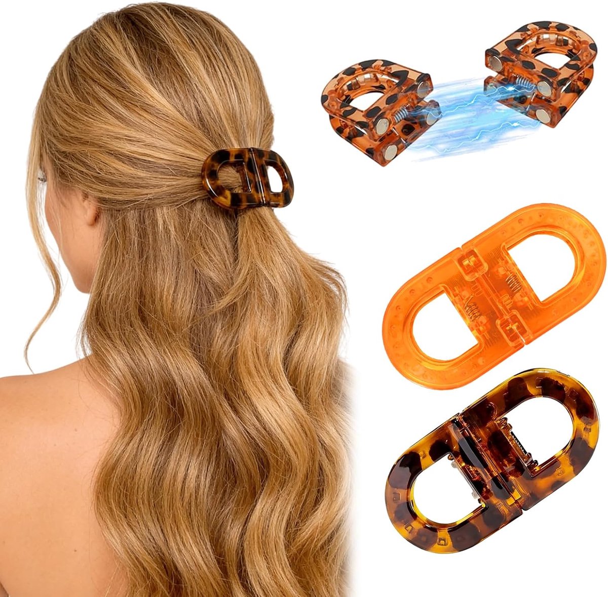 Haarklemmen vrouwen 2 stuks - slanke magnetische haarklemmen - luipaardpatroon + oranje - ShopVlot