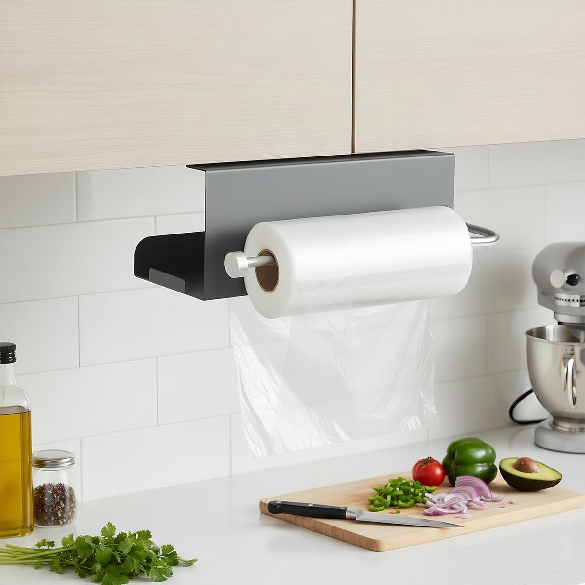 Keukenpapierhouder onder de kast - pistoolgrijs - 2-in-1 ontwerp - eenvoudige installatie zonder boren - ShopVlot