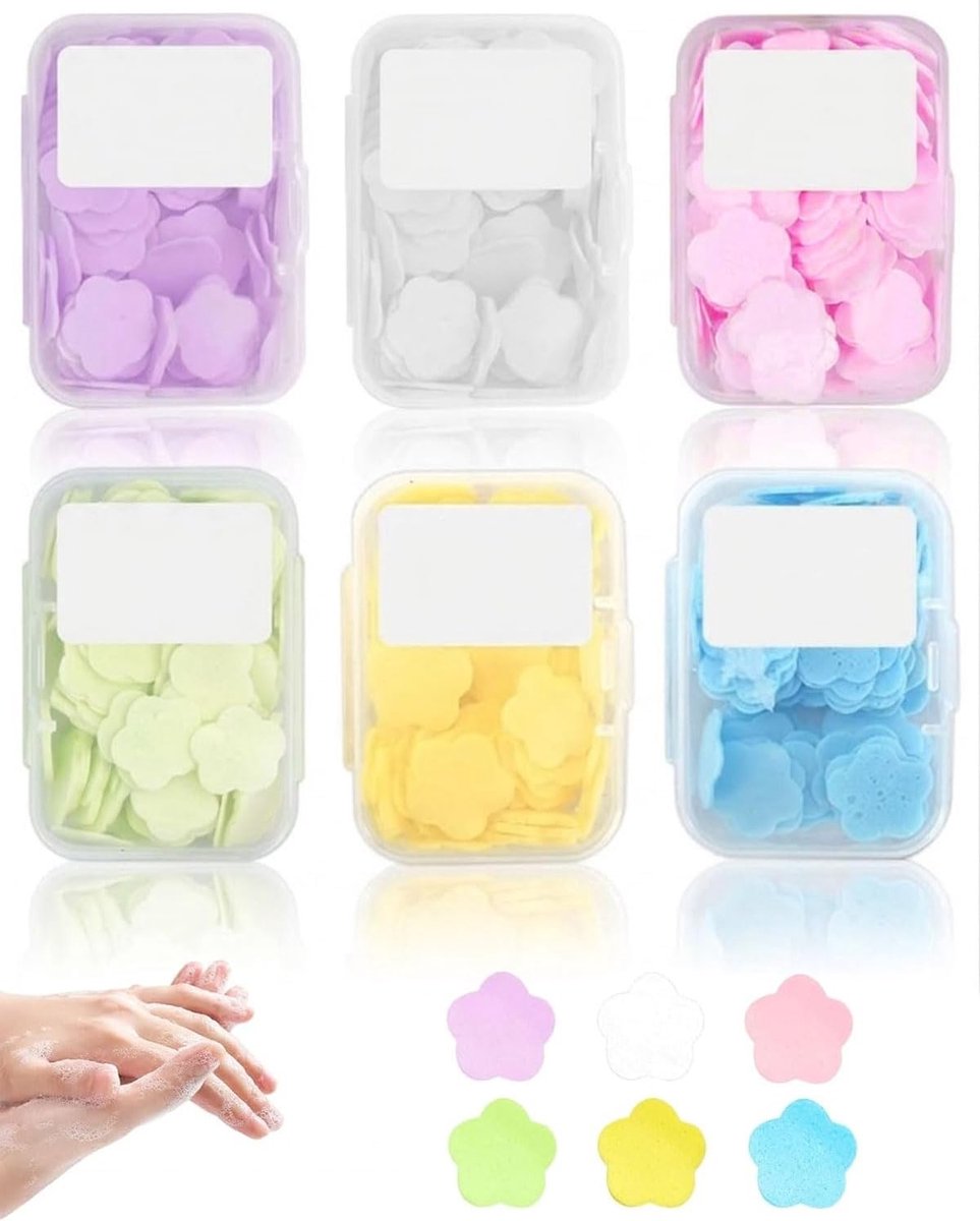 Draagbaar zeeppapier in 6 handige zeepdozen, ideaal voor handwassen, reizen en outdoor activiteiten (600 vellen)