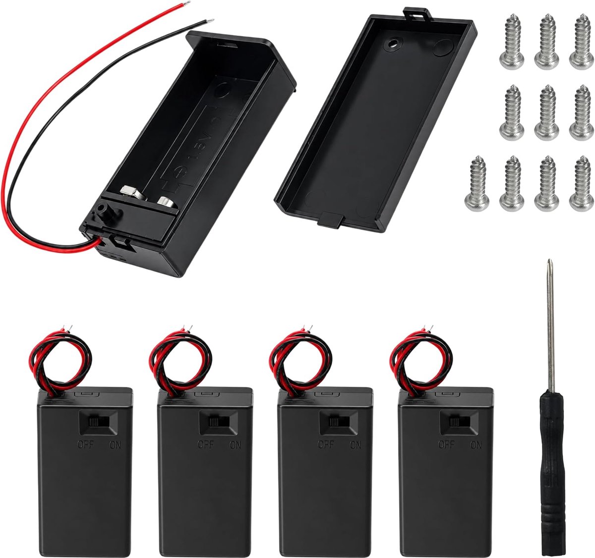 9 V batterijbehuizing - 5 stuks met aan/uit schakelaar - inclusief deksel en kabels - ideaal voor CCTV en ledstrips - ShopVlot