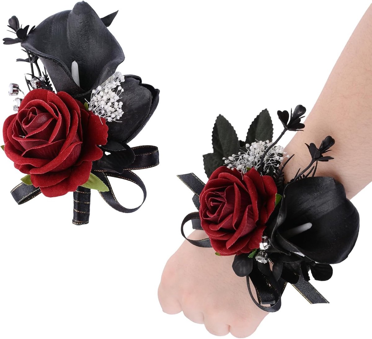 Corsageset rozen en calla lelies - kunstbloemen - modern design - perfect voor bruiloft of gala - ShopVlot