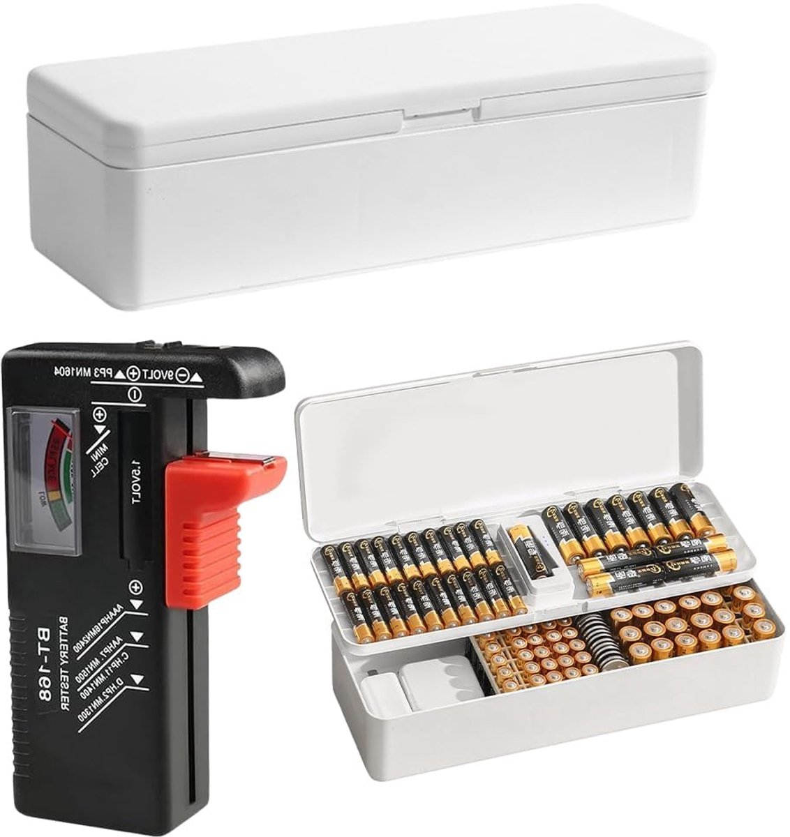 Batterijenopbergdoos met tester - 41 AA, 55 AAA, 19 knoopcellen - ruime capaciteit - altijd overzichtelijk - ShopVlot
