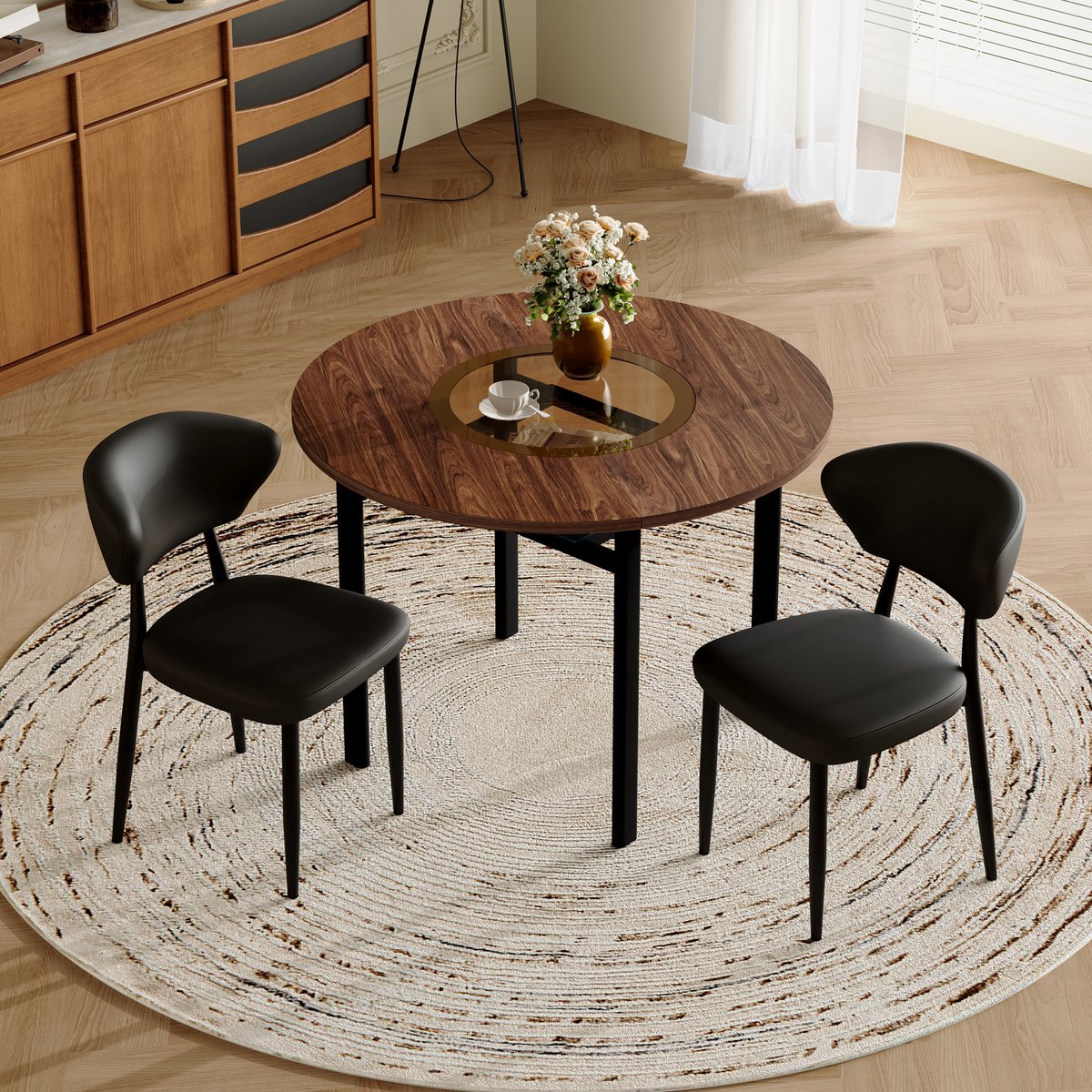 COVREO Ronde eettafel 100 cm, bruin-zwart, hout en metaal, set met 2 stoelen