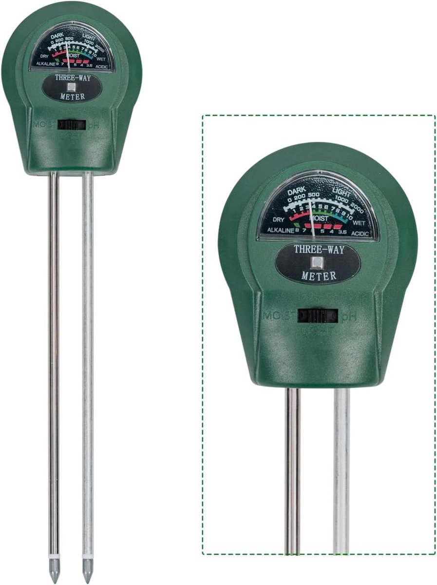 3-in-1 Bodemvochtmeter, pH Grondtester & Plantenvochtmeter voor Tuinieren, Buitenshuis en Binnen, Geen Batterijen Vereist, Ideaal voor Tuin, Gazon en Boerderij