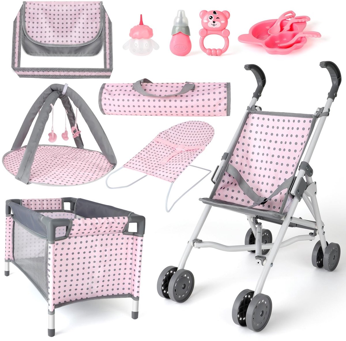 Solidchoice - Baby Pop met Accessoires en Vouwbare Kinderwagen voor Rollenspel