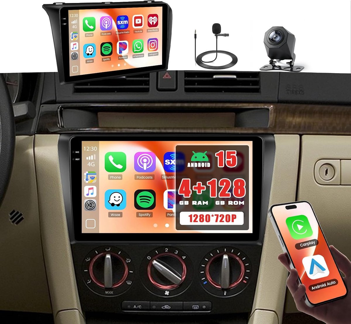 Car radio 9 inch - 4G+128G - Android 15 - met draadloze Carplay en GPS - ShopVlot