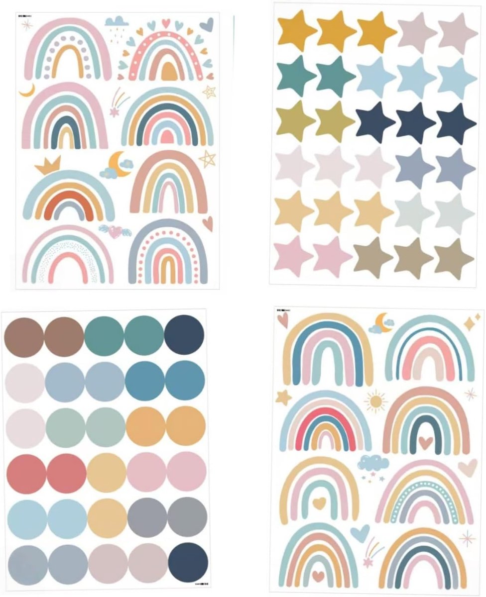 Muurstickers regenboog 76 stuks - wanddecoratie pastelkleuren - sterren en stippen - sfeervolle kinderkamer - ShopVlot
