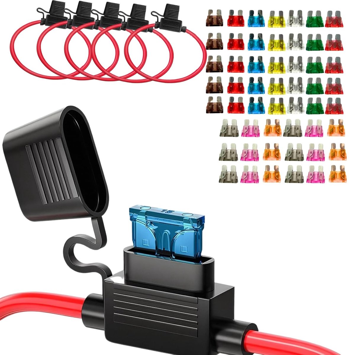 Zekeringhouders set 12 AWG - waterdicht inline - 50 platte zekeringen - ideaal voor voertuigen - ShopVlot