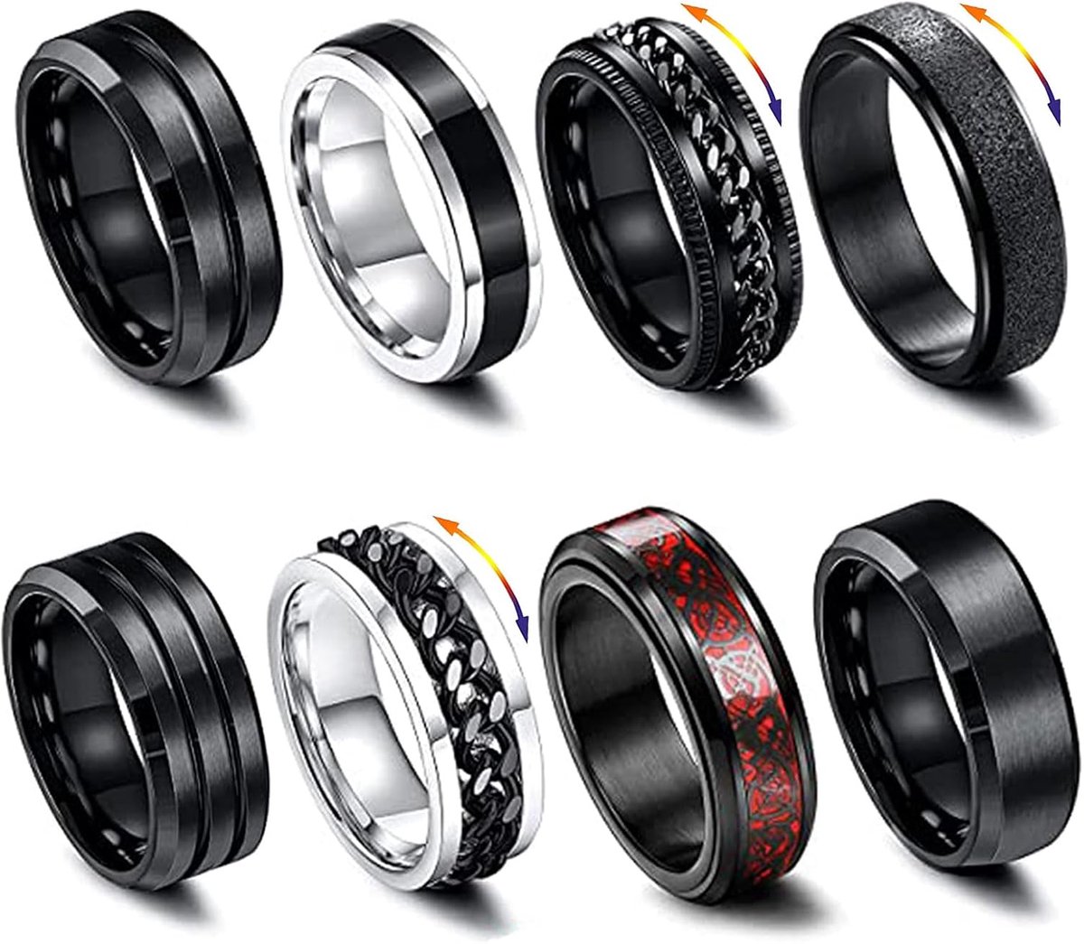 roestvrijstalen spinner herenringen set - 8 mm breed - zwarte spinnerringen - trendy anti-spanningsringen - ShopVlot