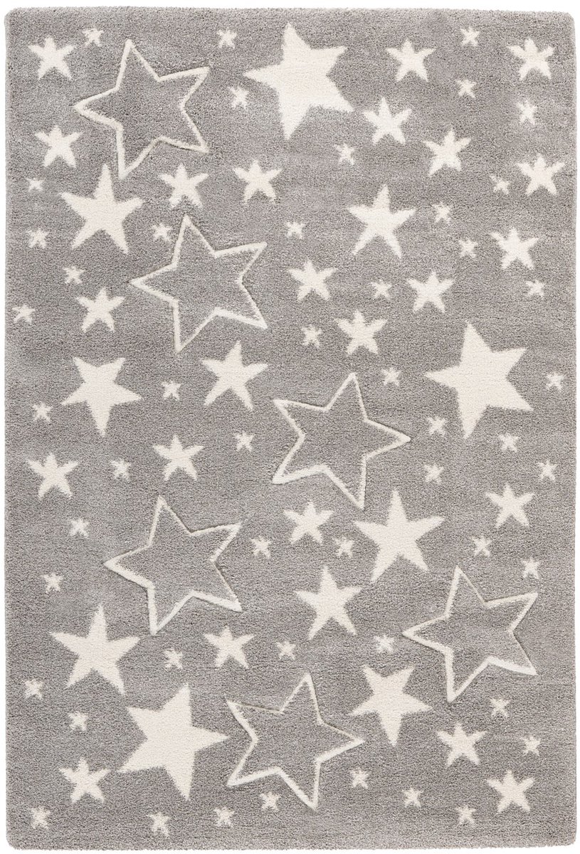 Padiro laagpolig vloerkleed 80 x 150 cm - zilver - met sterren kindermotief - geschikt voor Kinderkamer en vloerverwarming - van polypropyleen