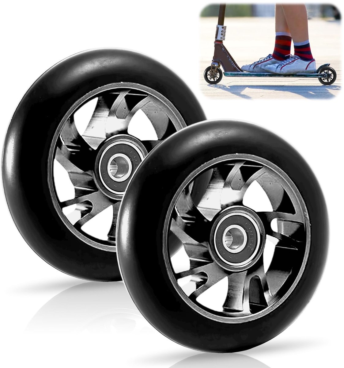 SnelShoppen - Scooter Wielen Set van 2, 120 mm met ABEC-9 Kogellagers, Duurzame Vervangingswielen voor Scooters, Zwart, Ideaal voor Scooter Accessoire