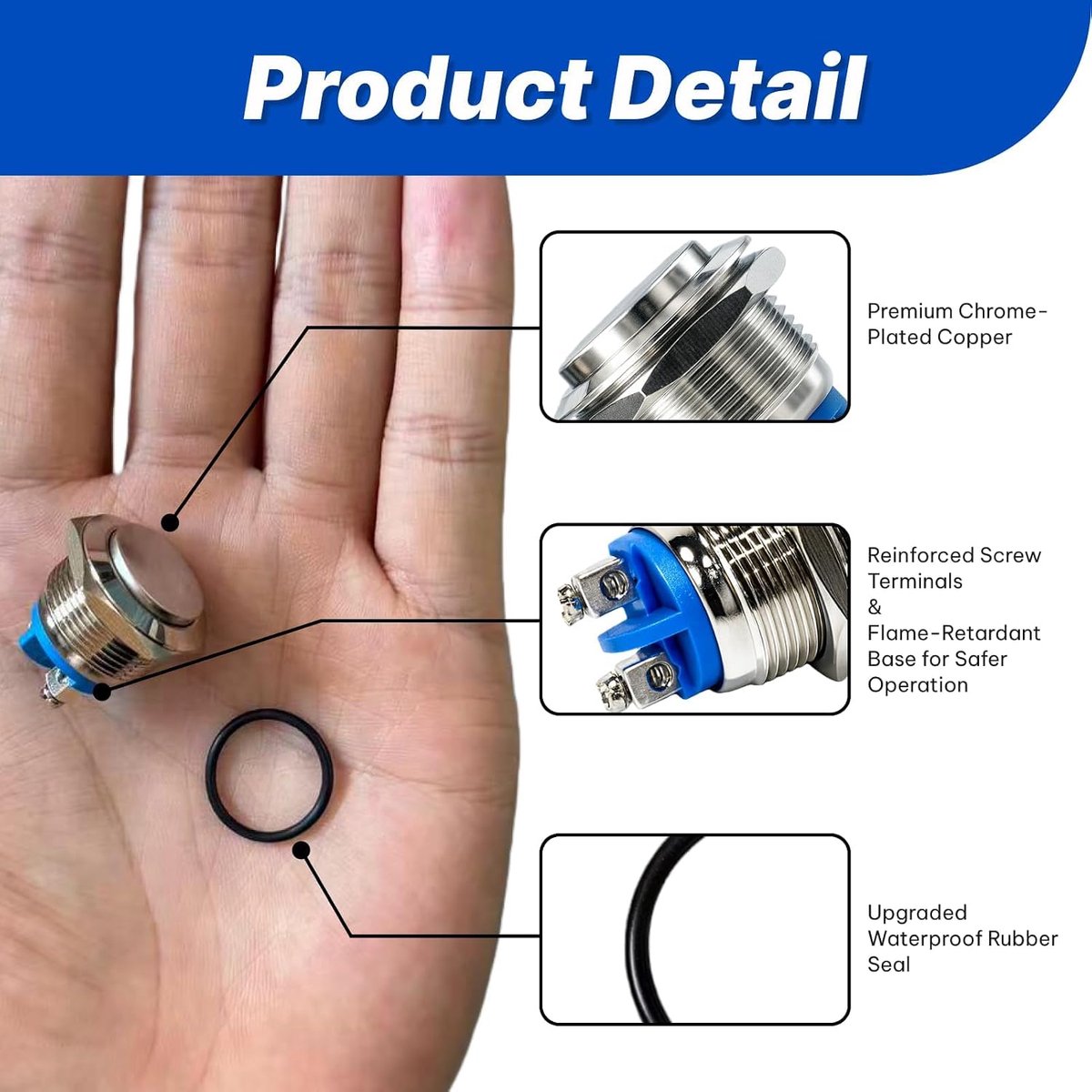 Pushbutton 19mm - RVS met chrome - IP65 waterdicht - Geschikt voor deurbel en voertuigen - ShopVlot