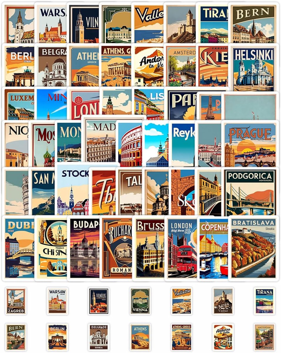 50 stuks reisstickers, wereldsteden met toeristische attracties, waterdichte vintage stickers, voor scrapbooking - ShopVlot